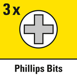 3 Kreuzschlitz-Bits "Phillips" PH1/PH2/PH3 enthalten