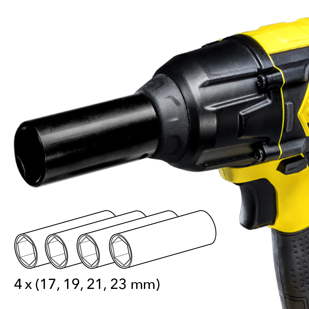 De accu-slagschroevendraaier heeft een 1/2"-buitenvierkant als gereedschapopname. Naast de 4 meegeleverde doppen (17/19/21/23 mm) kunnen allerlei gangbare opzetstukken en adapters worden gemonteerd.