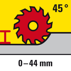 Instelbare zaagdiepte tot 44 mm bij verstekzaagsneden